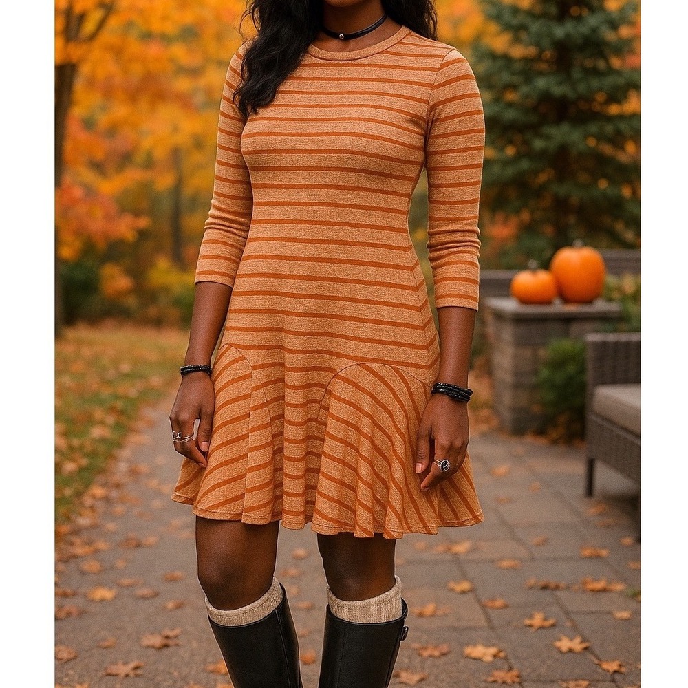 JODIFL Dress Women L Orange Stripe 3/4 Sleeve Swing Flare Whimsigoth Fall Autumn